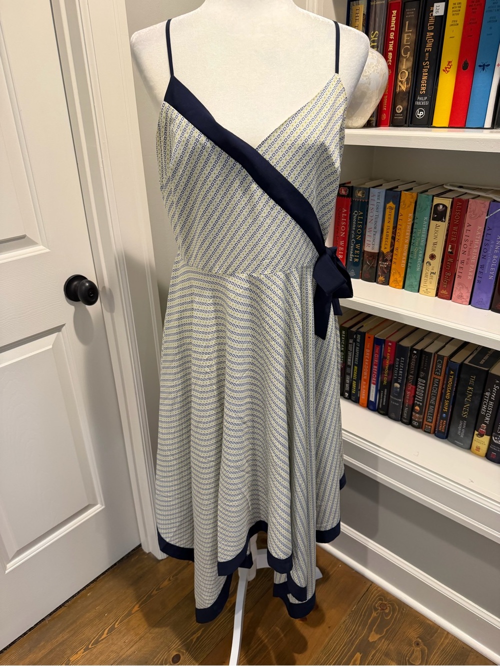 Banana Republic White and Navy Striped Wrap-Style Dress
